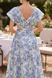 Blue Floral V-Neck A Line Midi Mother of the Bride Dress