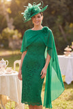 Lace Dark Green Sheath Midi Mother of the Bride Dress with Chiffon Cape