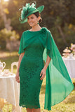 Lace Dark Green Sheath Midi Mother of the Bride Dress with Chiffon Cape