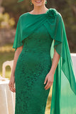 Lace Dark Green Sheath Midi Mother of the Bride Dress with Chiffon Cape