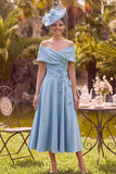 Blue Off the Shoulder A Line Midi Mother of the Bride Dress with 3D Flowers