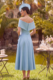 Blue Off the Shoulder A Line Midi Mother of the Bride Dress with 3D Flowers