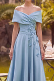 Blue Off the Shoulder A Line Midi Mother of the Bride Dress with 3D Flowers