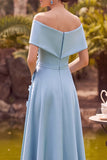 Blue Off the Shoulder A Line Midi Mother of the Bride Dress with 3D Flowers