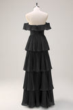 Eucalyptus A-Line Off The Shoulder Tiered Pleated Floor Length Bridesmaid Dress