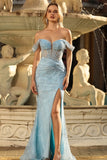 Blue Off the Shoulder Mermaid Corset Prom Dress