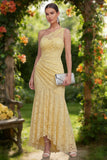 One Shoulder Yellow Mermaid Ruched Lace Wedding Guest Dress