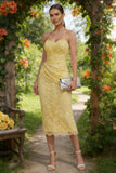 Sweetheart Lace Ruched Sheath Yellow Wedding Guest Dress