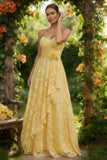 Yellow Lace Sweetheart Ruffled A Line Wedding Guest Dress with 3D Flower