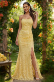Lace Mermaid Ruched Yellow Strapless Wedding Guest Dress with Slit