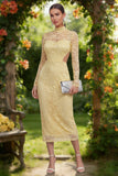High Neck Sheath Lace Cut Out Yellow Long Sleeve Wedding Guest Dress