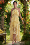 Yellow Halter Lace Tiered Ruffled A Line Corset High-Low Wedding Guest Dress
