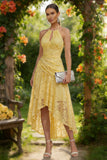 Halter Lace Yellow Keyhole A Line High-Low Wedding Guest Dress