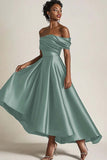 Olive Off the Shoulder Ruched A-Line Mother of the Bride Dress