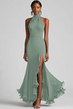 Halter Neck Ruffles Mermaid Black Maxi Formal Dress with Slit