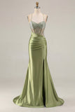 Mermaid Corset Beaded Pink Satin Prom Dress