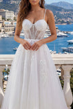 White Spaghetti Straps Corset Wedding Dress with Appliques