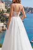 White Spaghetti Straps Corset Wedding Dress with Appliques