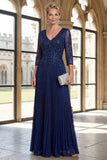 Glitter Pleated V-Neck Navy Mum Of the Bride Dress with Long Sleeves