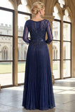Glitter Pleated V-Neck Navy Mum Of the Bride Dress with Long Sleeves