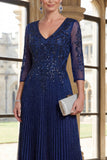 Glitter Pleated V-Neck Navy Mum Of the Bride Dress with Long Sleeves