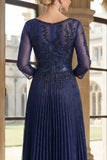 Glitter Pleated V-Neck Navy Mum Of the Bride Dress with Long Sleeves