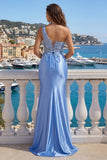 Light Blue One Shoulder Mermaid Beaded Prom Dress with Appliques