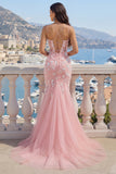 Pink Mermaid Tulle Long Prom Dress with Appliques