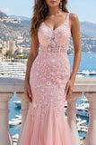 Pink Mermaid Tulle Long Prom Dress with Appliques