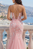 Pink Mermaid Tulle Long Prom Dress with Appliques