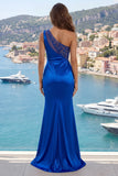 Royal Blue One Shoulder Ruched Mermaid Prom Dress with Slit