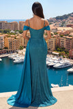 Teal Blue Cold Shoulder Mermaid Prom Dress with Side Cape
