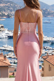 Blush Mermaid Ruched Appliqued Prom Dress with Slit