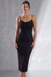Sparkly Black Spaghetti Straps Pencil Cocktail Dress with Slit