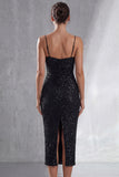 Sparkly Black Spaghetti Straps Pencil Cocktail Dress with Slit