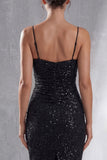 Sparkly Black Spaghetti Straps Pencil Cocktail Dress with Slit