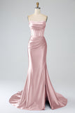 Royal Blue Mermaid Strapless Corset Long Prom Dress with Slit