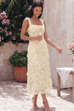 Blue Floral Square Neck A Line Midi Wedding Guest Dress