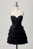 Cute Light Yellow Strapless Tiered A Line Short Prom Dress with Bow