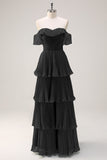 Eucalyptus A-Line Off The Shoulder Tiered Pleated Floor Length Bridesmaid Dress