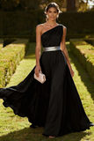 One Shoulder Olive A Line Long Wedding Guest Dress