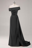 Champagne Mermaid Off the Shoulder Satin Evening Dress with Streamer