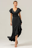 A Line V Neck Asymmetrical Dark Green Bridesmaid Dress with Ruffle Slit