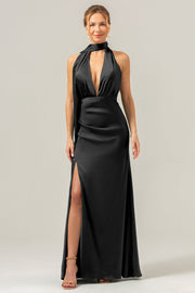 Black Halter Deep V Neck Satin Bridesmaid Dress with Slit