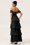 Dusty Blue A-Line Off The Shoulder Tiered Pleated Chiffon Long Bridesmaid Dress
