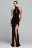Halter Burgundy Velvet Mermaid Formal Dress with Slit