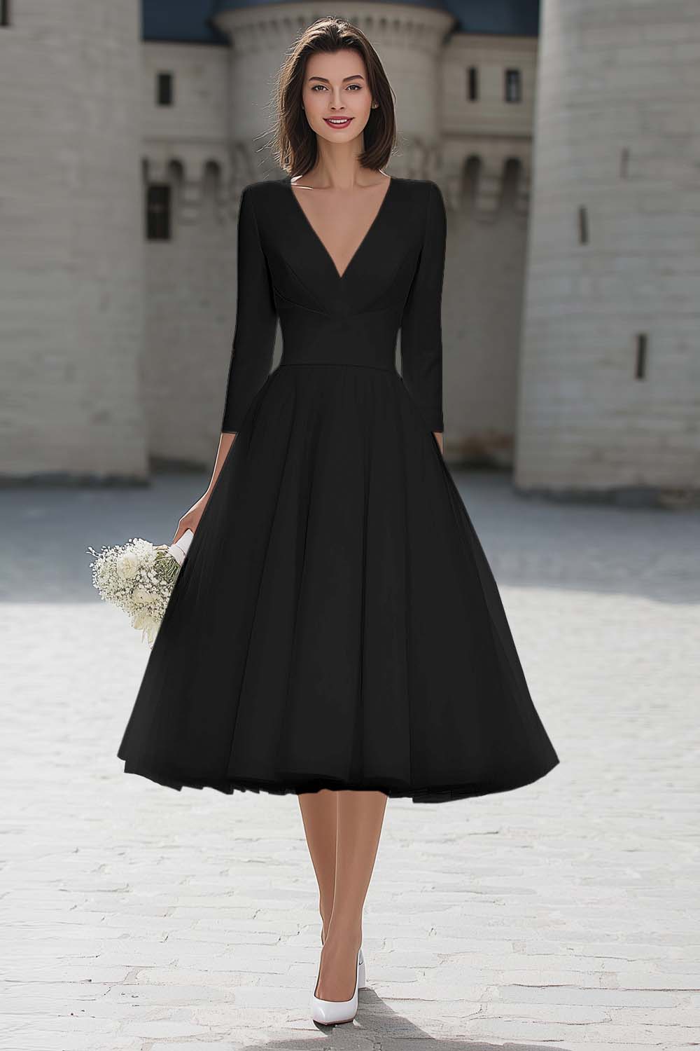Wedtrend Women Ivory A-Line Engagement Dress Satin V-Neck Midi Bridal Shower Dress With 3/4 Sleeves Wedtrend UK Wedtrend Women Ivory A-Line Engagement Dress Satin V-Neck Midi Bridal Shower Dress With 3/4 Sleeves Wedtrend UK