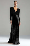 Glitter Gold and Black Mermaid V-Neck Evening Dress With Long Sleeves