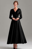 A Line Grey Blue V Neck Mother Of the Bride Dress with Long Sleeves
