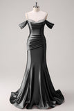 Mermaid Cold Shoulder Sequin Ruched Satin Golden Long Prom Dress